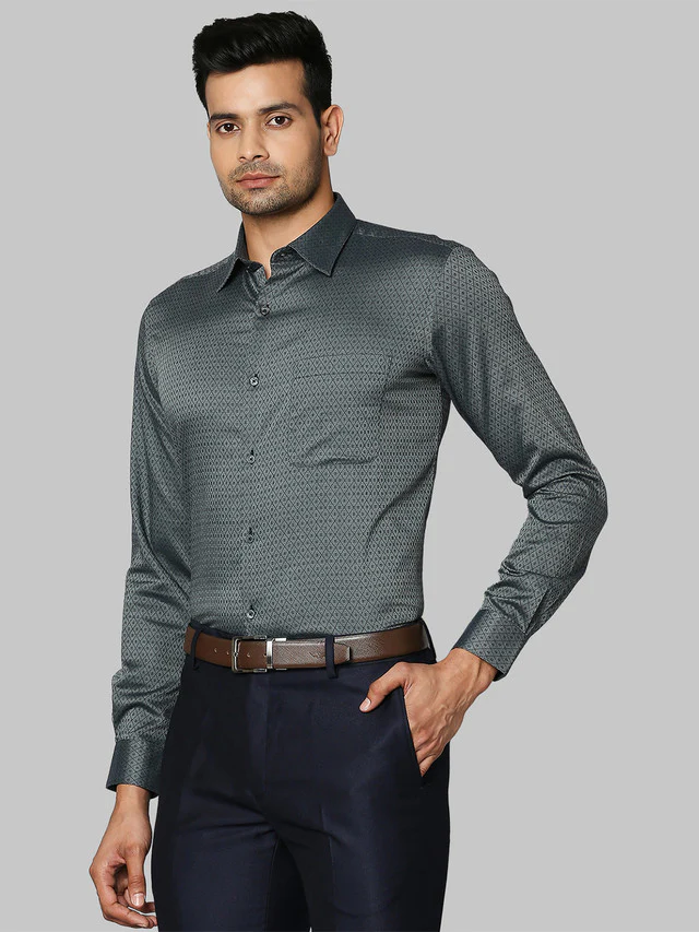 Raymond Men Grey Self Design Contemporary Fit Full Sleeve Semi Cut Away Collar Shirt - Image 3