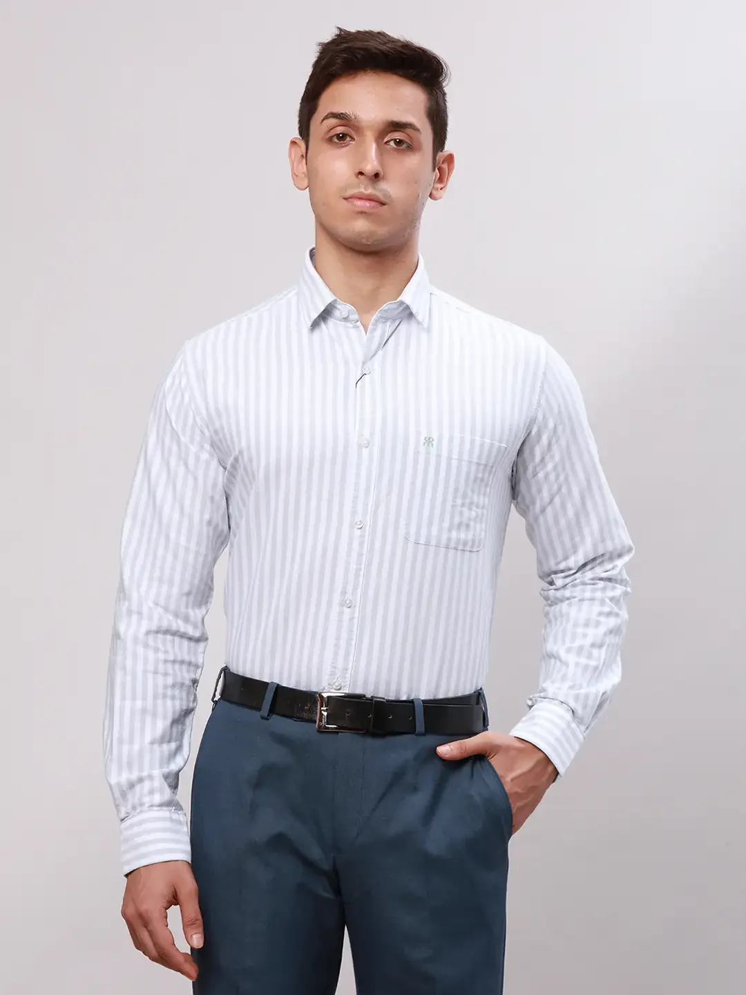 Raymond Men Grey Slim Fit Stripe Cotton Regular Collar Shirts