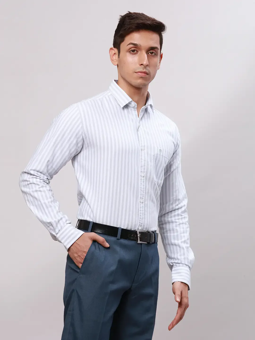 Raymond Men Grey Slim Fit Stripe Cotton Regular Collar Shirts - Image 2