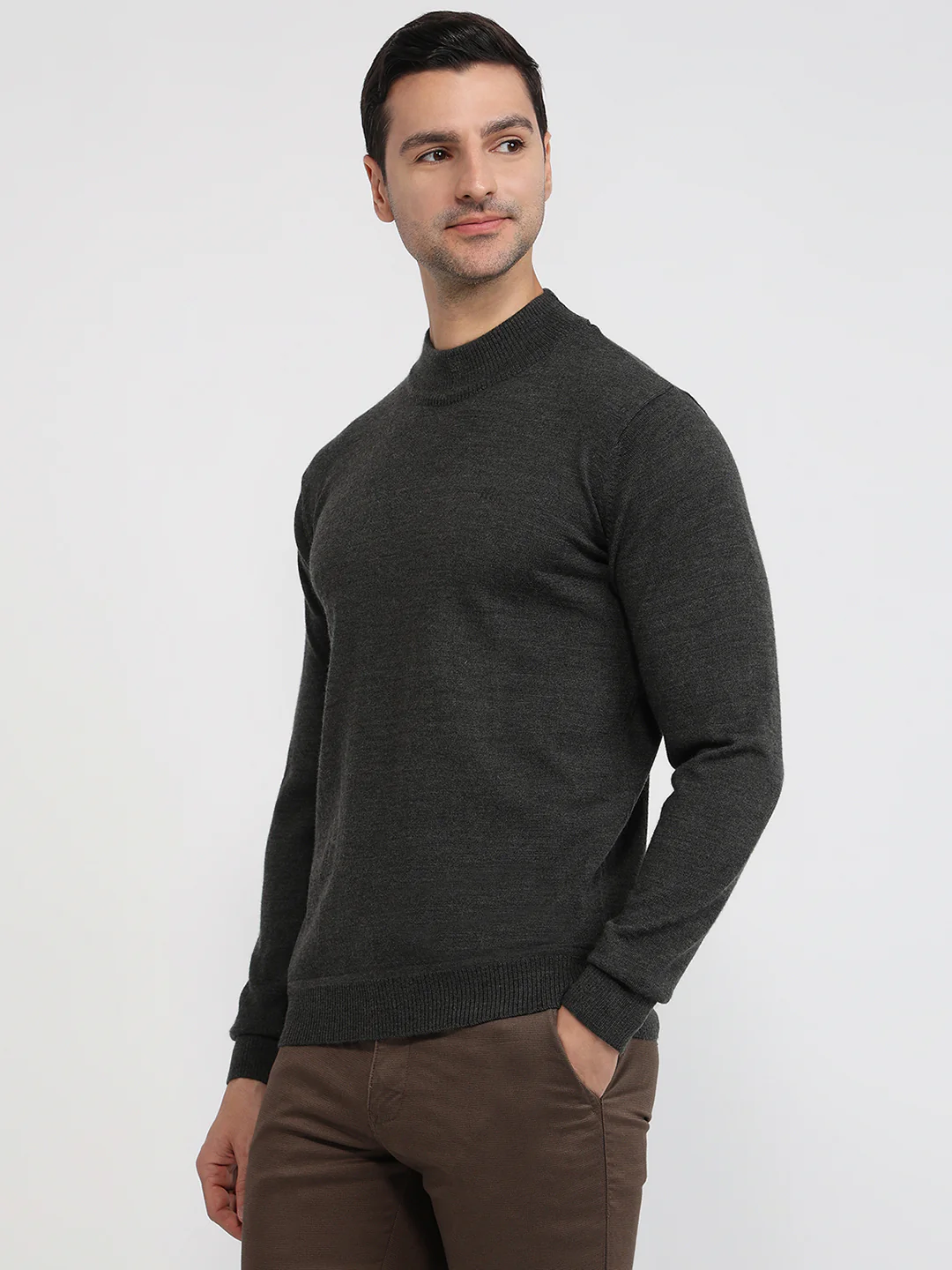Raymond Men Grey Solid Contemporary Fit Wool Blend Sweatshirt - Image 2
