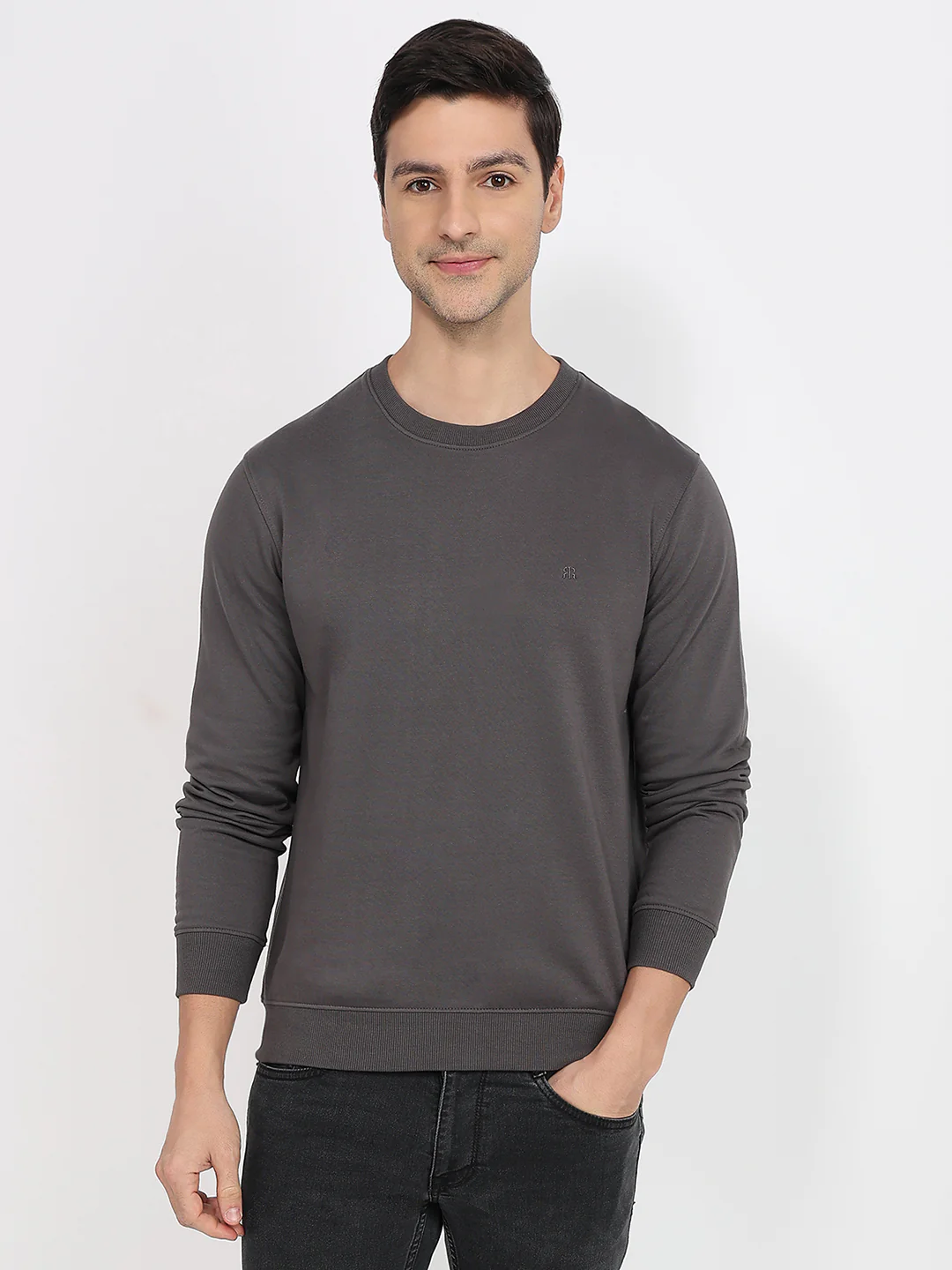 Raymond Men Grey Solid Regular Fit Cotton Blend Sweatshirt