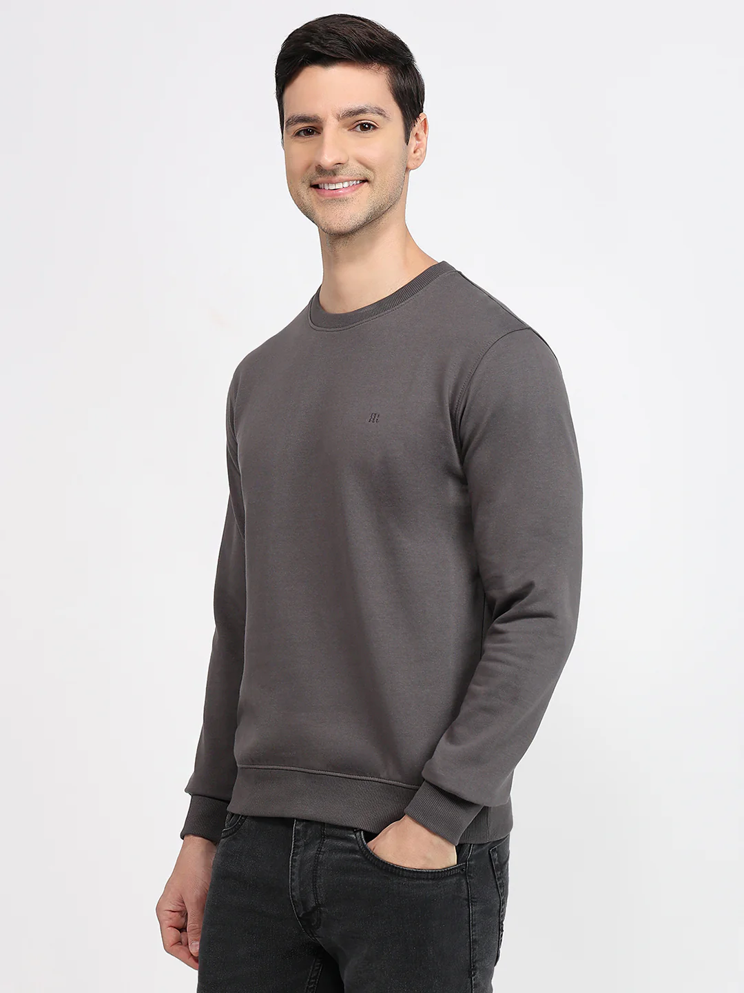 Raymond Men Grey Solid Regular Fit Cotton Blend Sweatshirt - Image 2