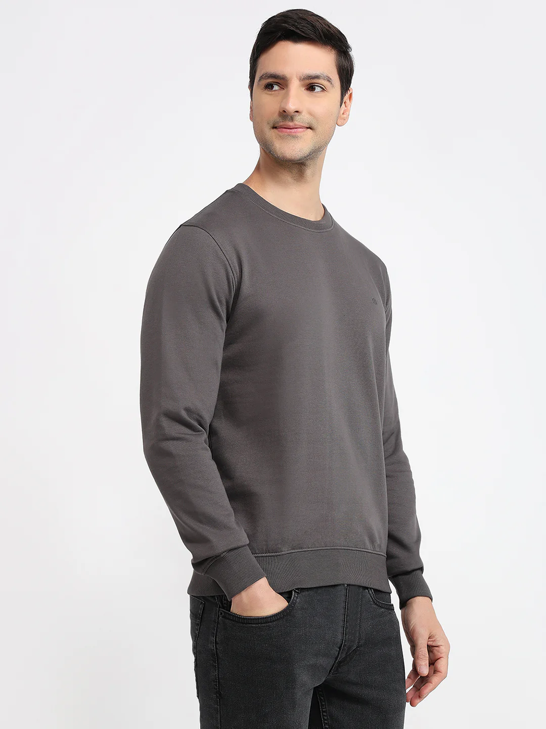 Raymond Men Grey Solid Regular Fit Cotton Blend Sweatshirt - Image 3