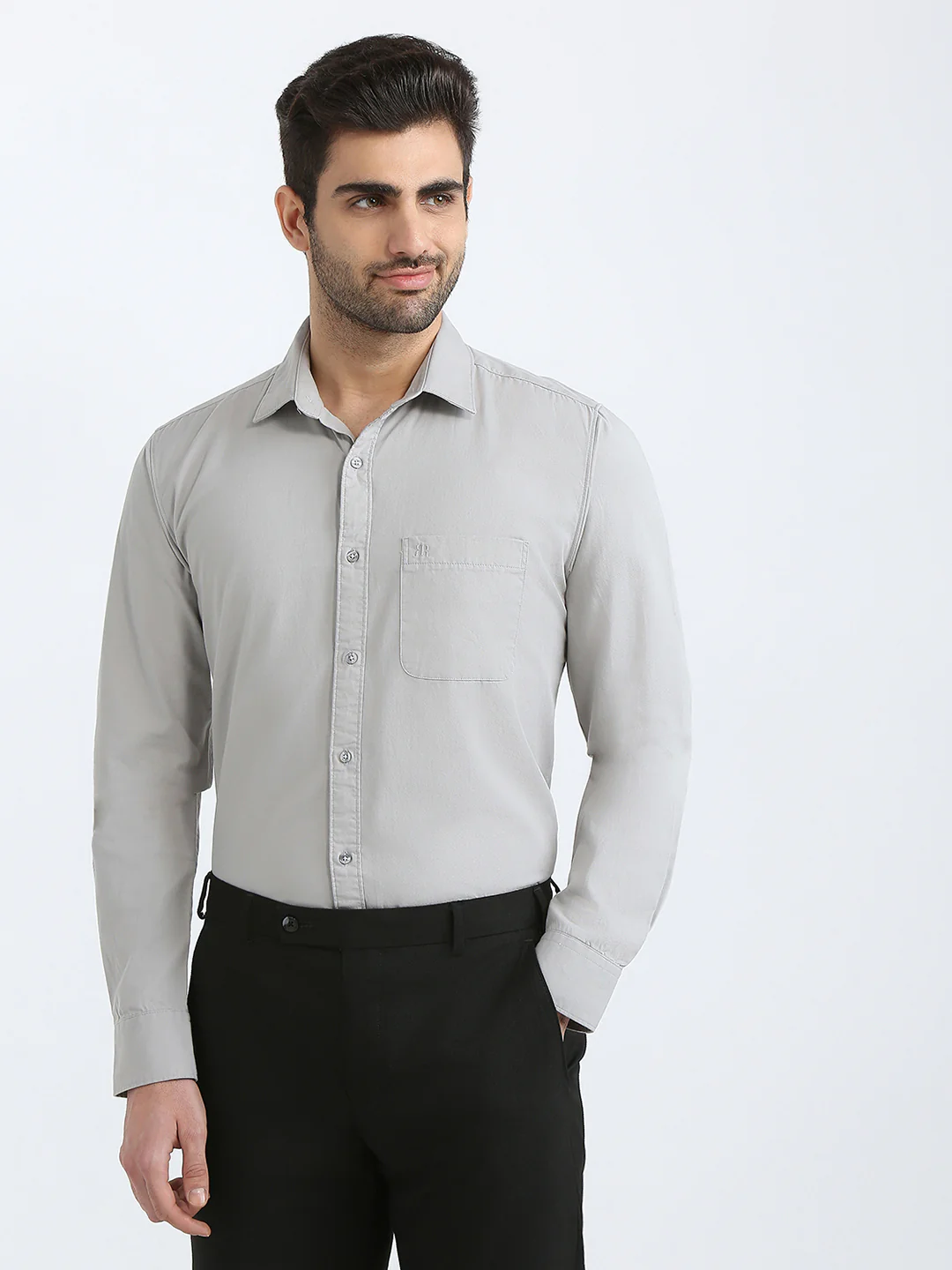 Raymond Men Grey Solid Slim Fit Cotton Casual Shirt