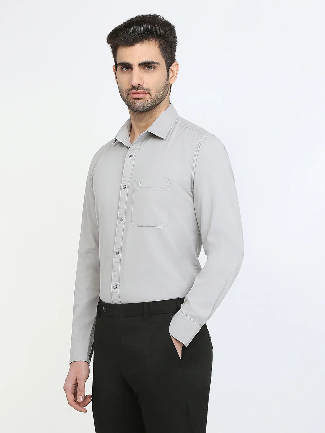 Raymond Men Grey Solid Slim Fit Cotton Casual Shirt - Image 2
