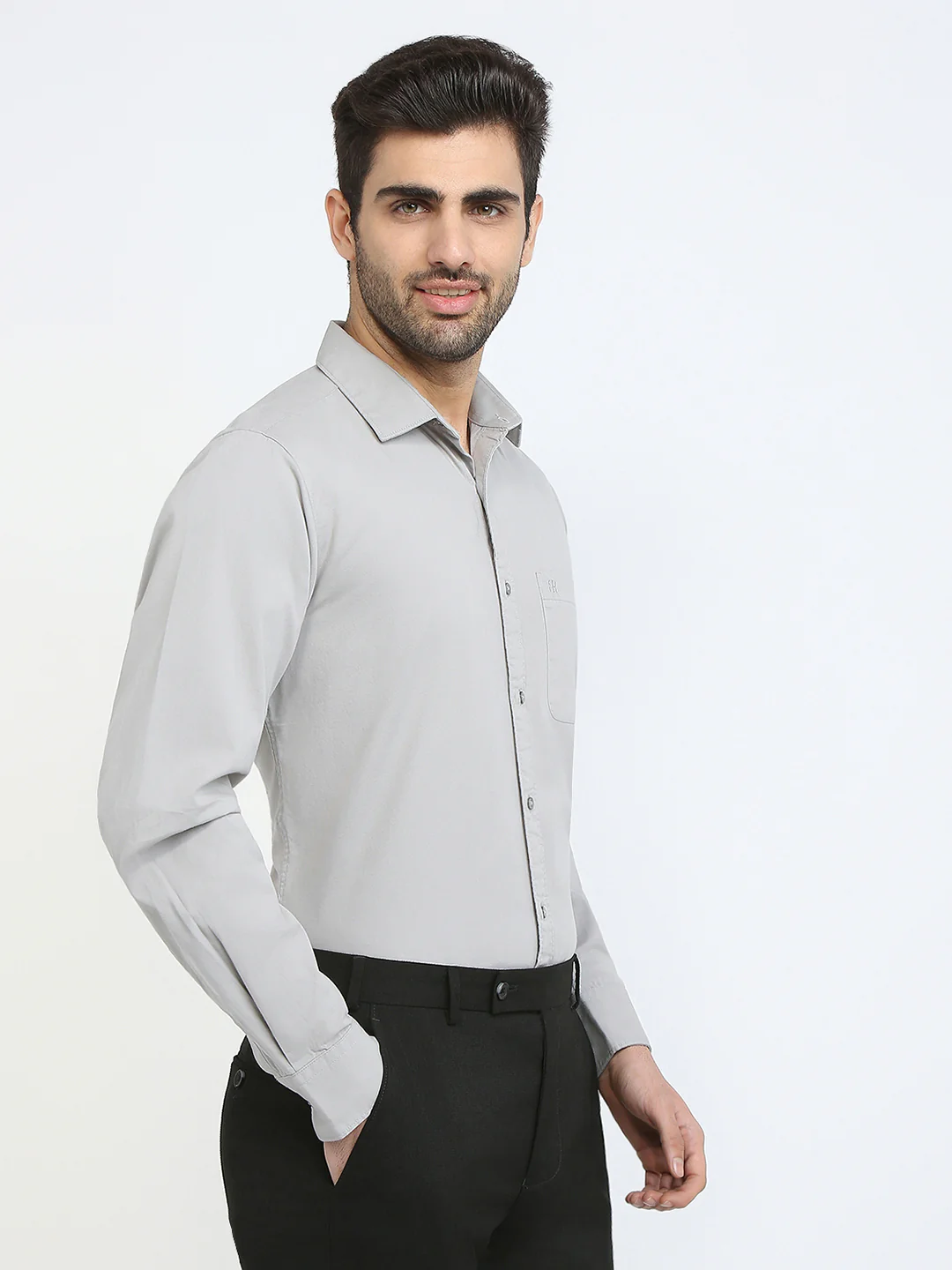 Raymond Men Grey Solid Slim Fit Cotton Casual Shirt - Image 3