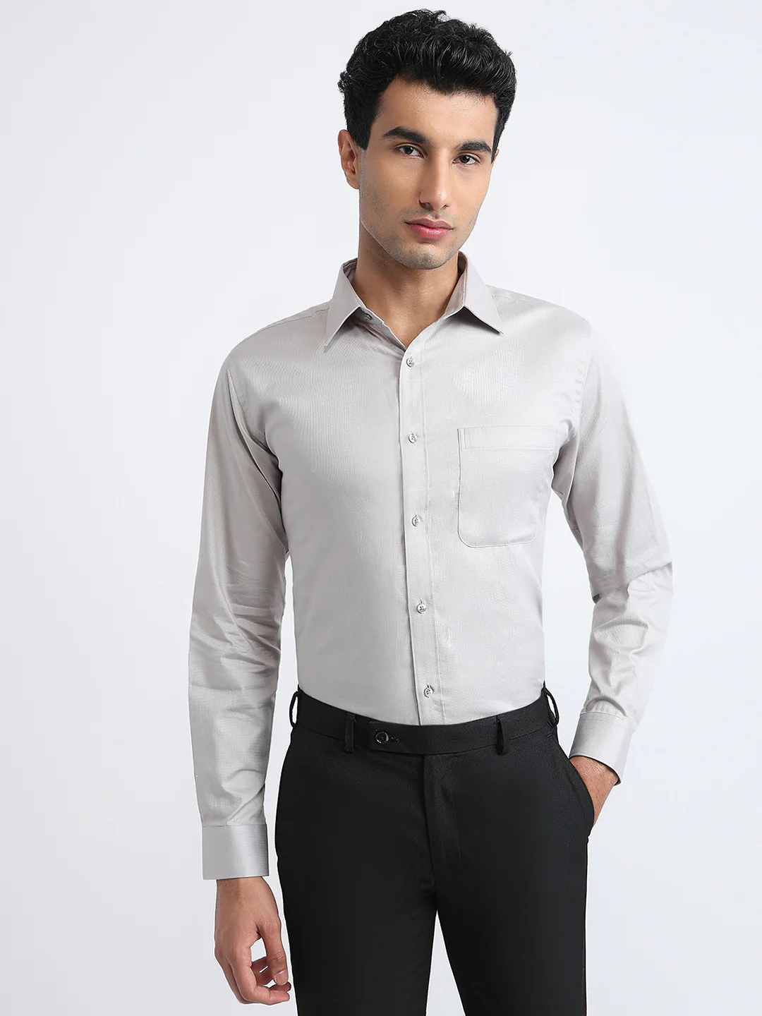 Raymond Men Grey Solid Slim Fit Cotton Shirt