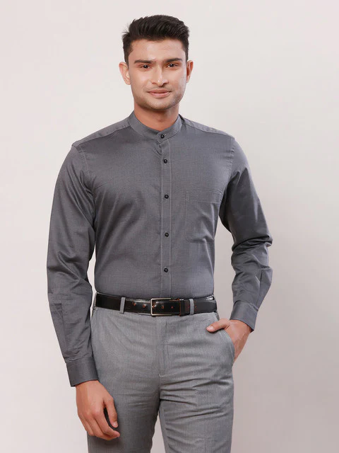Raymond Men Grey Stripe Contemporary Fit Cotton Formal Shirts
