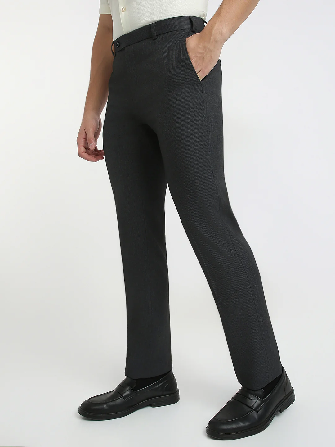 Raymond Men Grey Stripe Contemporary Fit Polyester Blend Trouser - Image 3