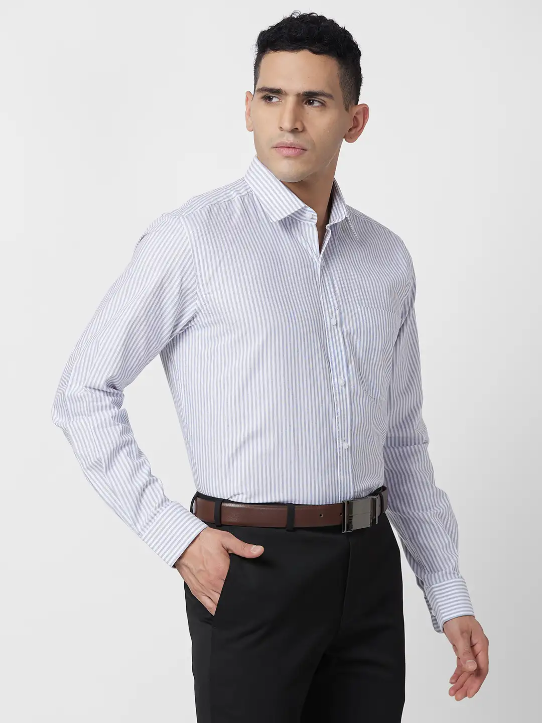 Raymond Men Grey Stripe Regular Fit Cotton Shirt - Image 2