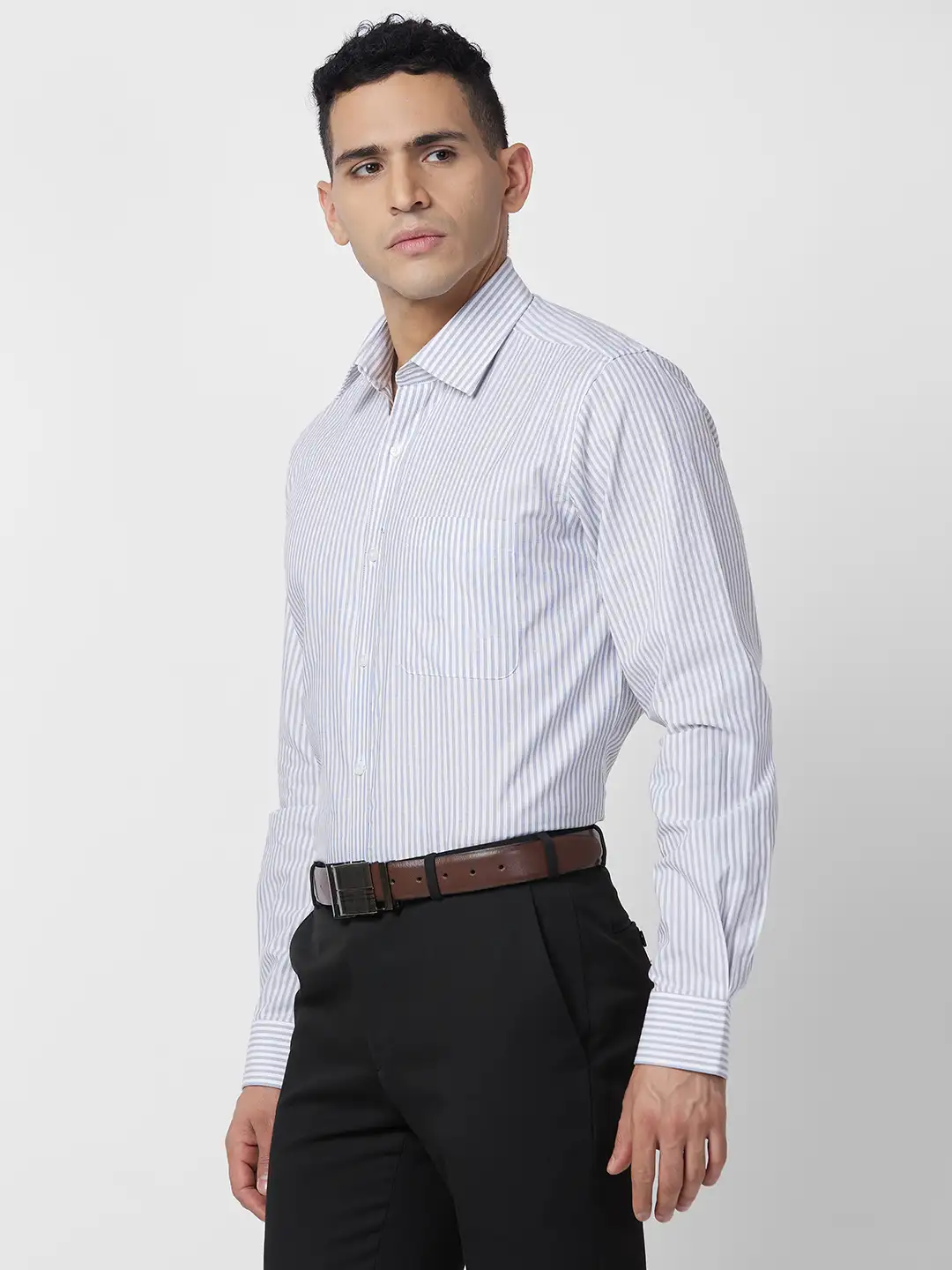 Raymond Men Grey Stripe Regular Fit Cotton Shirt - Image 3