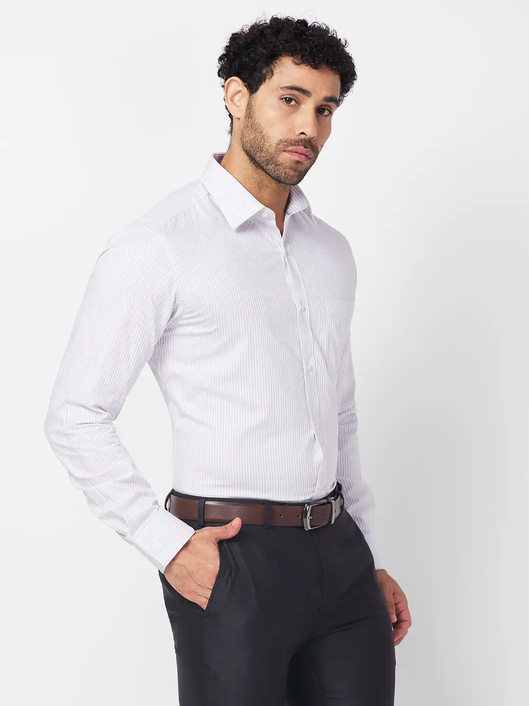 Raymond Men Grey Stripe Slim Fit Cotton Cutaway Collar Shirt - Image 2