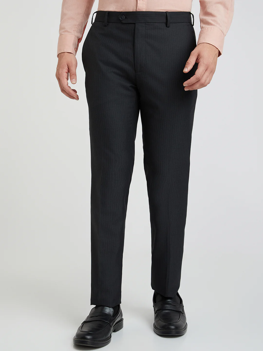 Raymond Men Grey Stripe Slim Fit Polyester Blend Trouser