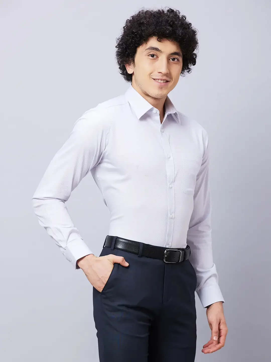 Raymond Men Grey Structure Slim Fit Cotton Shirt - Image 2