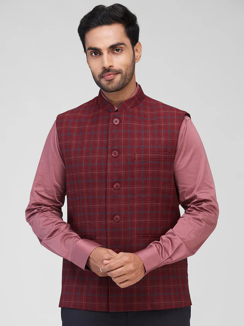 Raymond Men Maroon Checks Contemporary Fit Polyester Blend Waist Coat