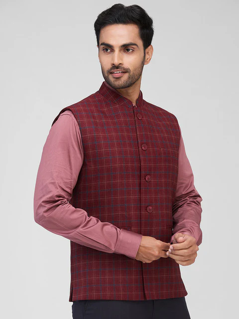 Raymond Men Maroon Checks Contemporary Fit Polyester Blend Waist Coat - Image 2