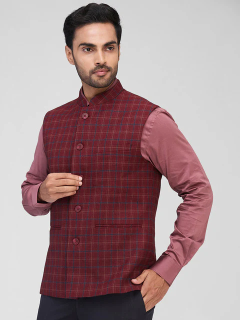 Raymond Men Maroon Checks Contemporary Fit Polyester Blend Waist Coat - Image 3