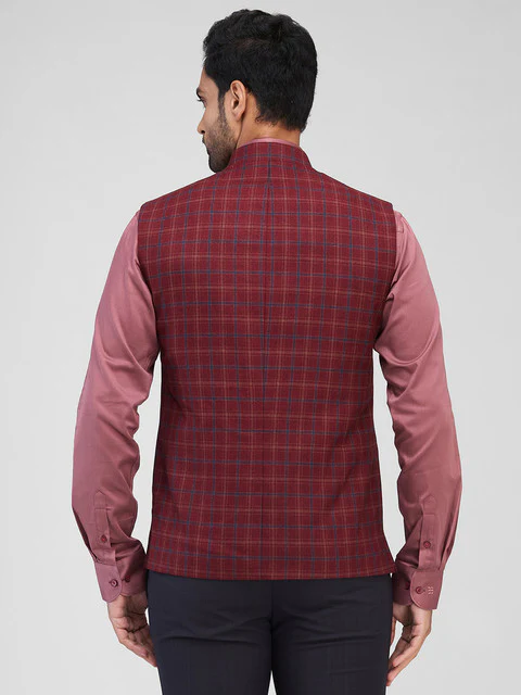 Raymond Men Maroon Checks Contemporary Fit Polyester Blend Waist Coat - Image 4