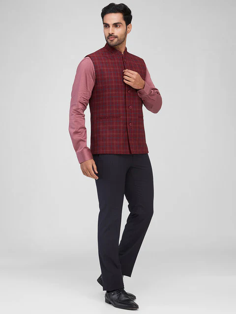 Raymond Men Maroon Checks Contemporary Fit Polyester Blend Waist Coat - Image 5
