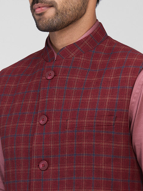 Raymond Men Maroon Checks Contemporary Fit Polyester Blend Waist Coat - Image 6