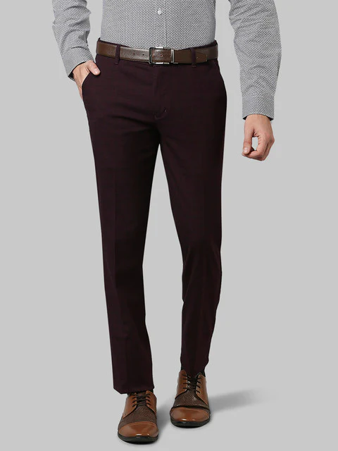 Raymond Men Maroon Checks Slim Fit Cotton Blend Trouser