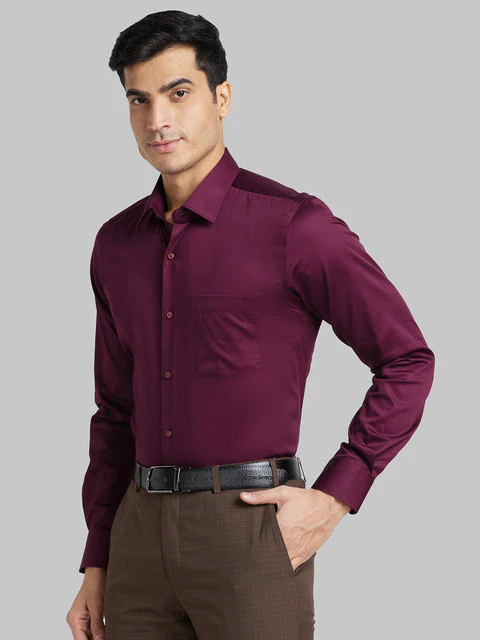 Raymond Men Maroon Contemporary Fit Solid Cutaway Collar Shirt - Image 3