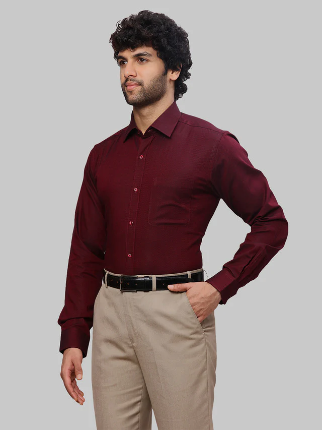 Raymond Men Maroon Dobby Slim Fit Cotton Shirt - Image 3