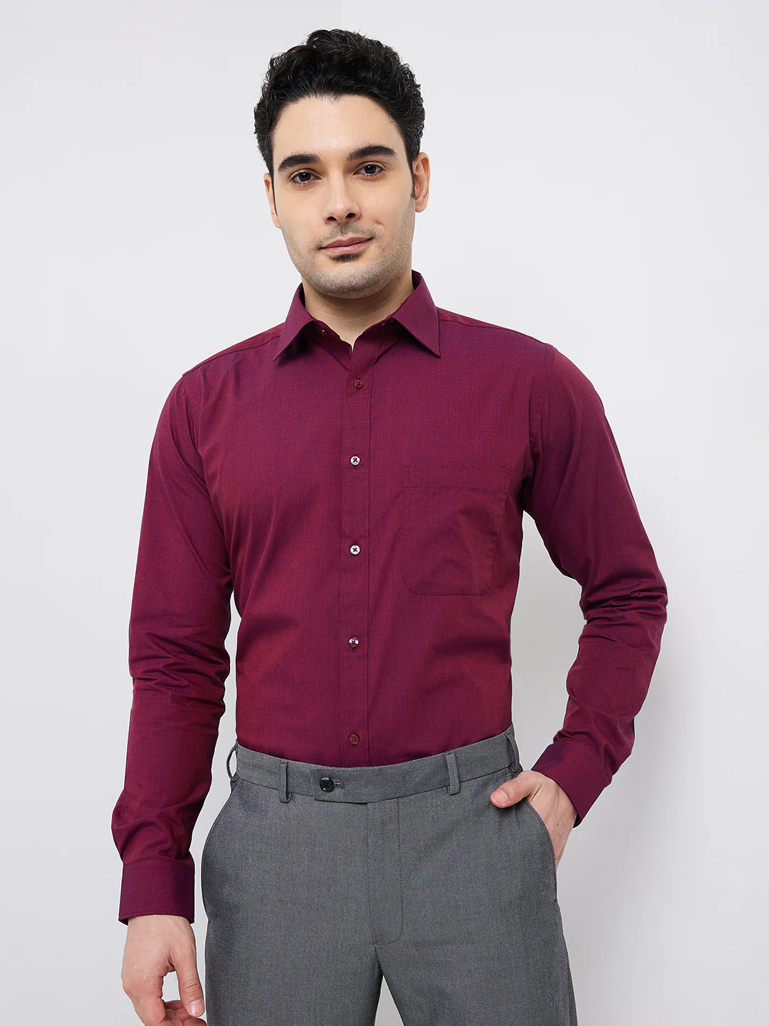 Raymond Men Maroon Fil-A-Fil Slim Fit Cotton Shirt