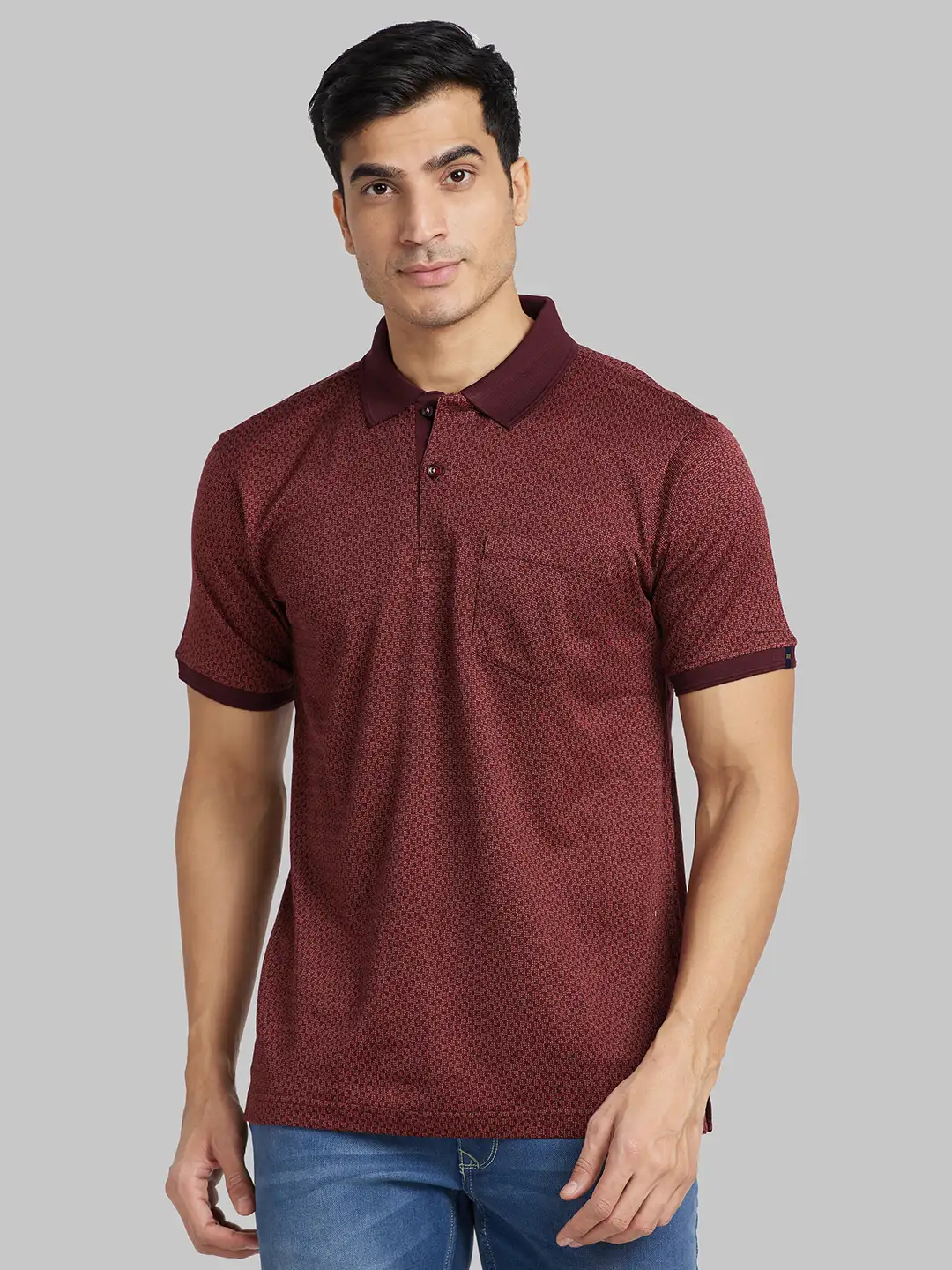 Raymond Men Maroon Jacquard Contemporary Fit Cotton T-Shirt