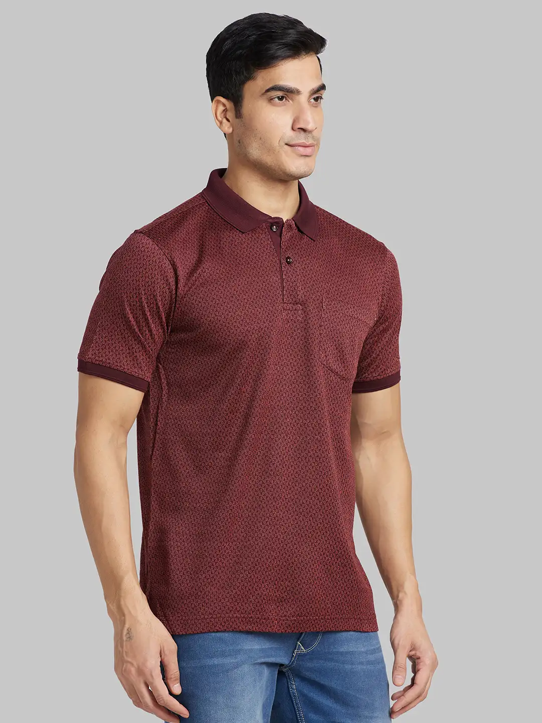 Raymond Men Maroon Jacquard Contemporary Fit Cotton T-Shirt - Image 2
