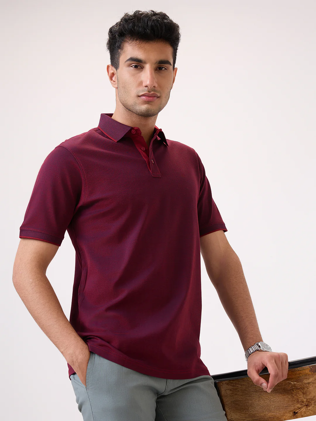 Raymond Men Maroon Jacquard Regular Fit Cotton T-Shirt