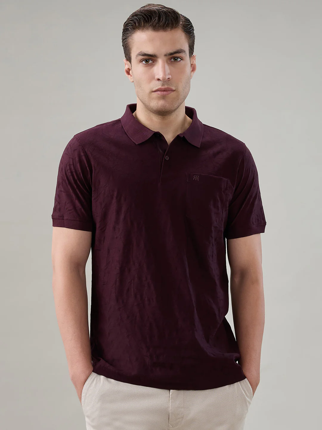 Raymond Men Maroon Jacquard Regular Fit Cotton T-shirt