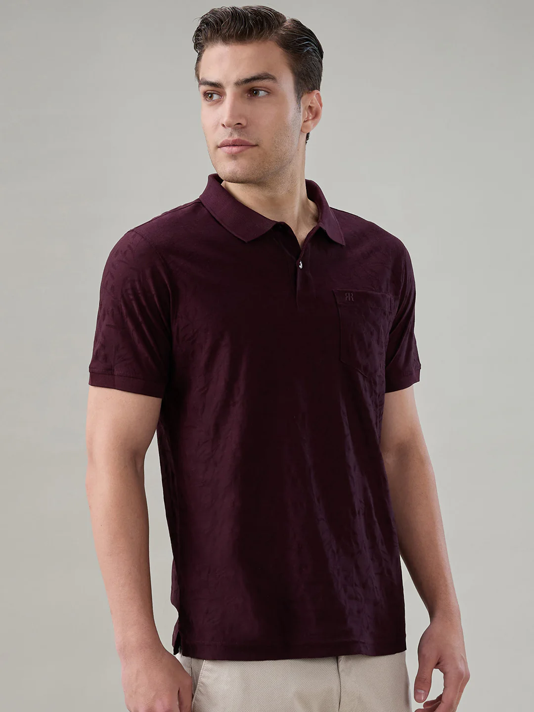 Raymond Men Maroon Jacquard Regular Fit Cotton T-shirt - Image 2
