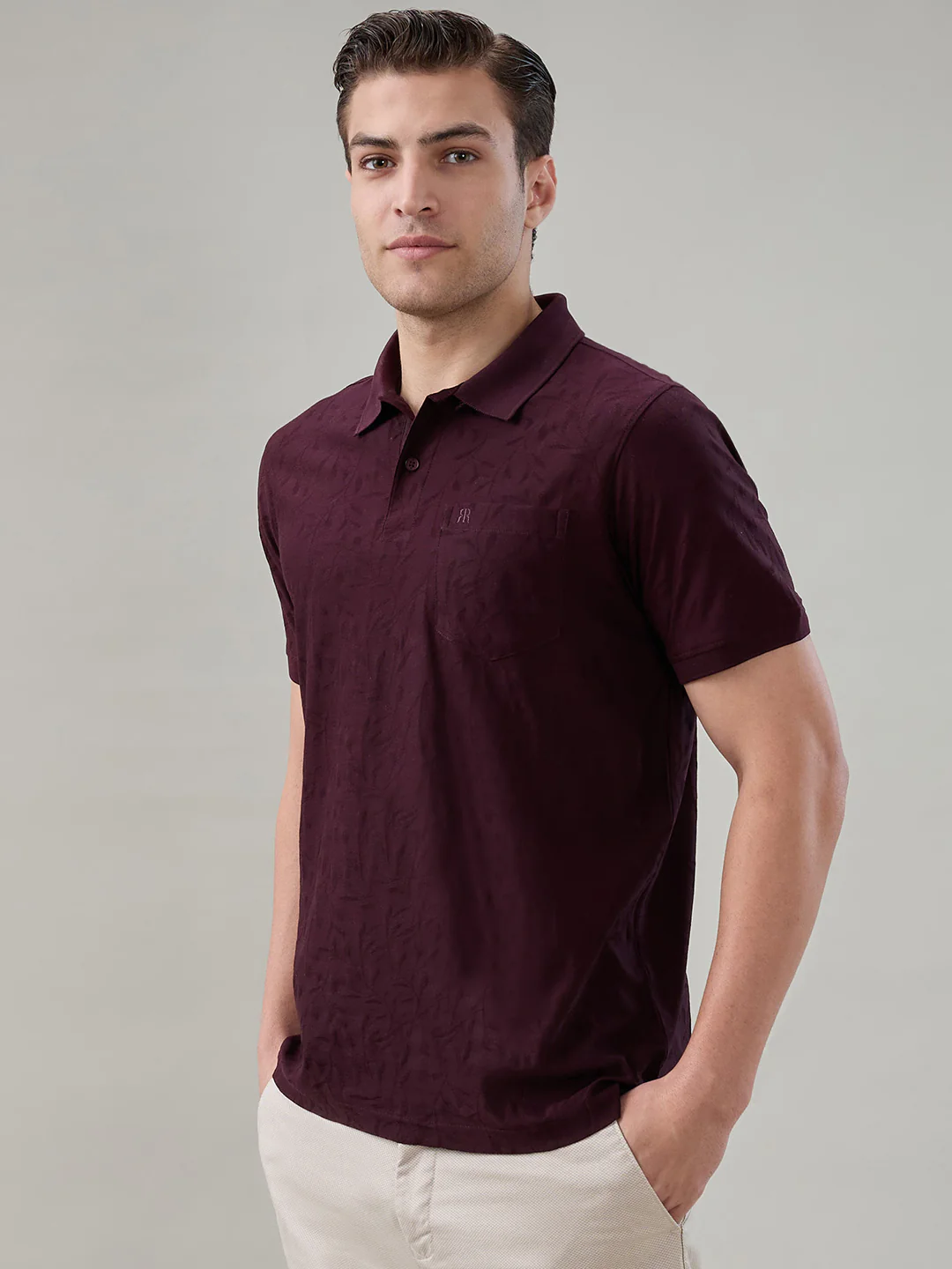 Raymond Men Maroon Jacquard Regular Fit Cotton T-shirt - Image 3