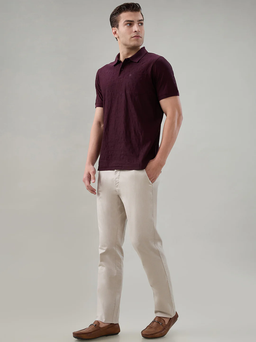 Raymond Men Maroon Jacquard Regular Fit Cotton T-shirt - Image 5