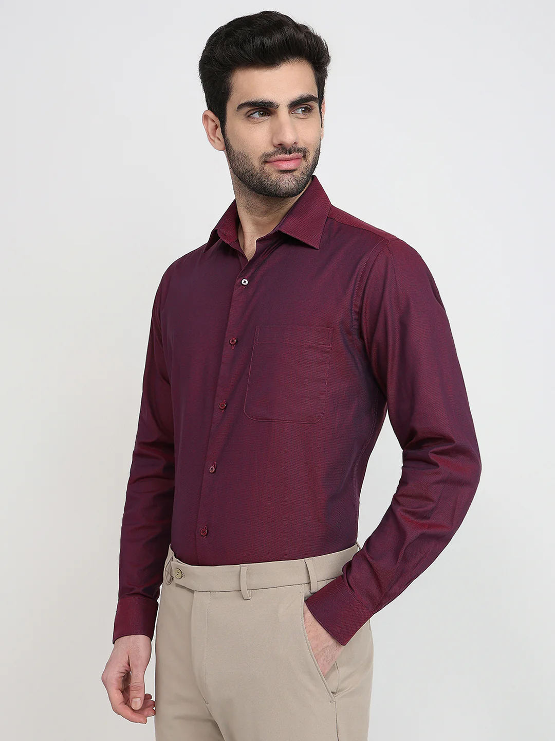 Raymond Men Maroon Solid Chambray Slim Fit Cotton Full Sleeve Formal Shirt - Image 2