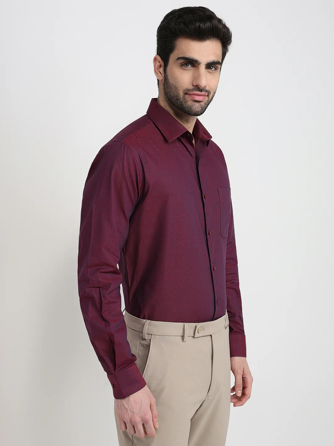 Raymond Men Maroon Solid Chambray Slim Fit Cotton Full Sleeve Formal Shirt - Image 3