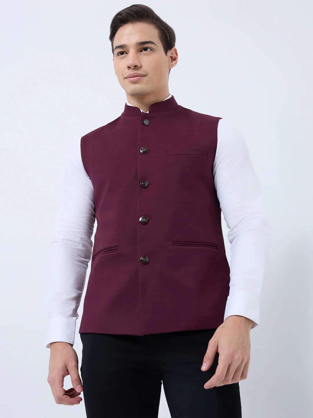 Raymond Men Maroon Solid Contemporary Fit Polyester Blend Waistcoat - Image 2