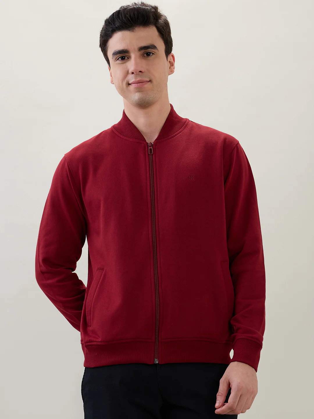 Raymond Men Maroon Solid Regular Fit Cotton Blend Sweatshirt