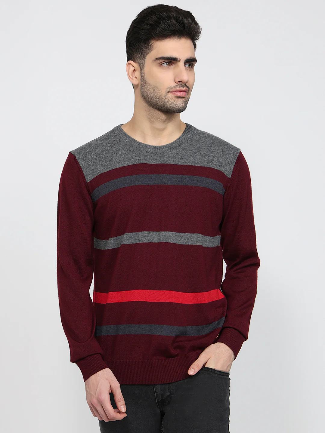 Raymond Men Maroon Stripe Acrlic Blend Sweatshirt