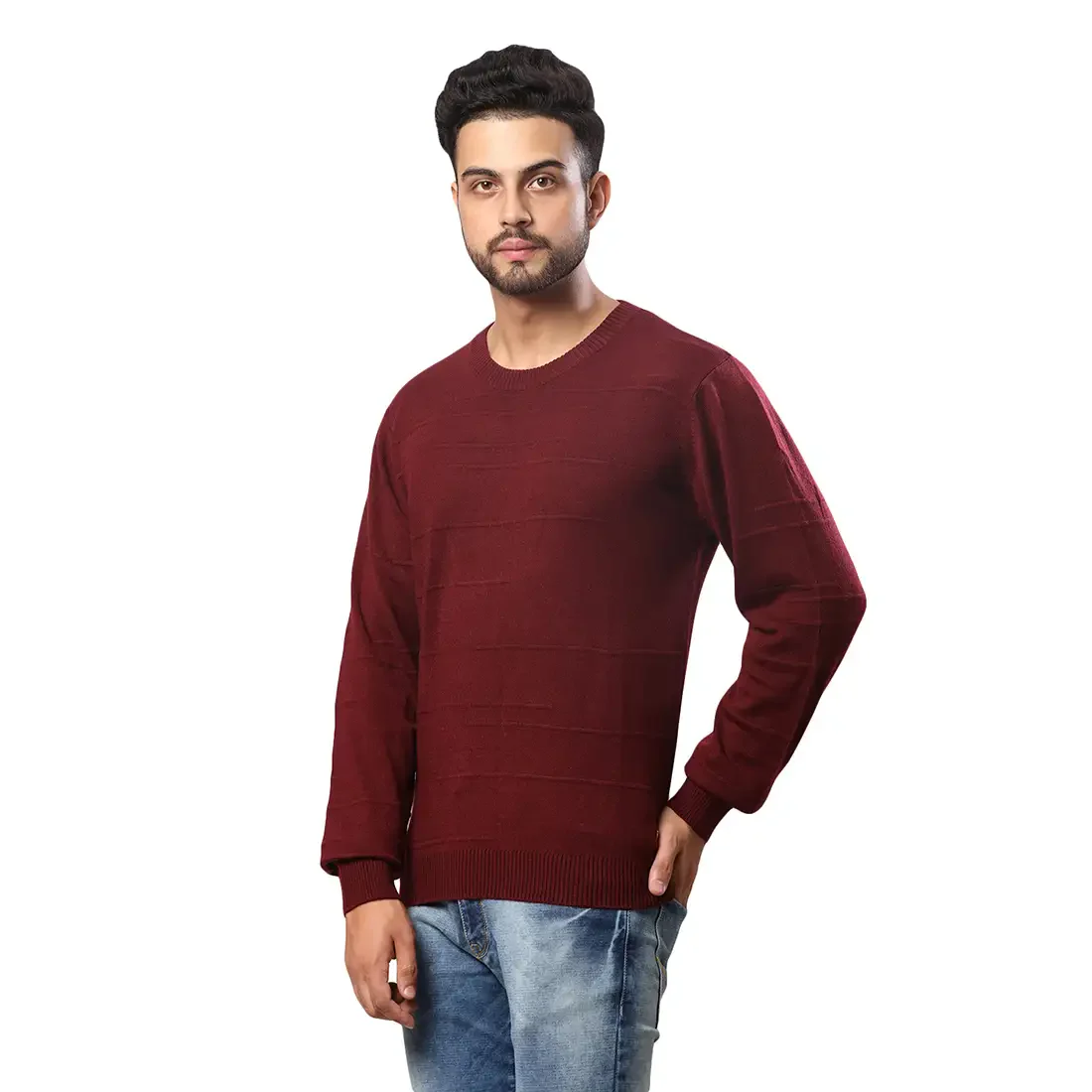 Raymond Men Maroon Structure Cable Acrylic Blend Full Sleeve Sweaters - Image 3