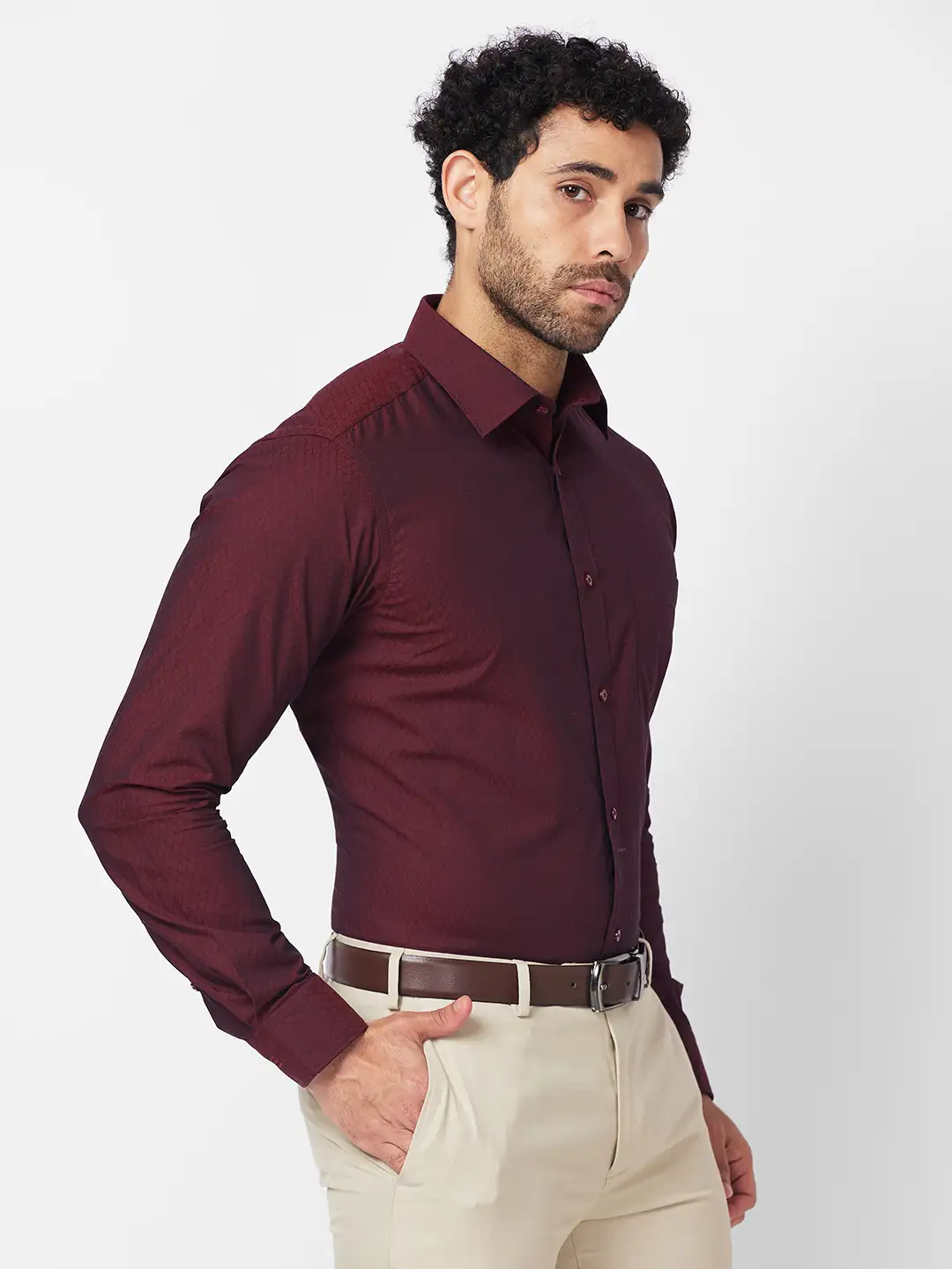 Raymond Men Maroon Structure Slim Fit Cotton Shirt - Image 2