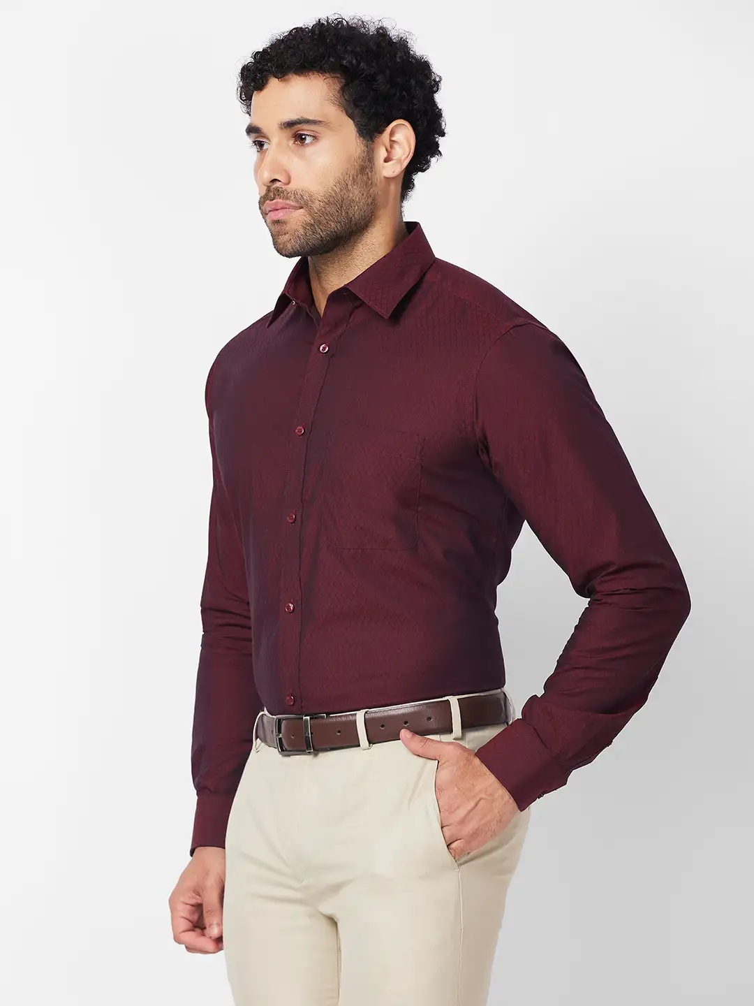 Raymond Men Maroon Structure Slim Fit Cotton Shirt - Image 3