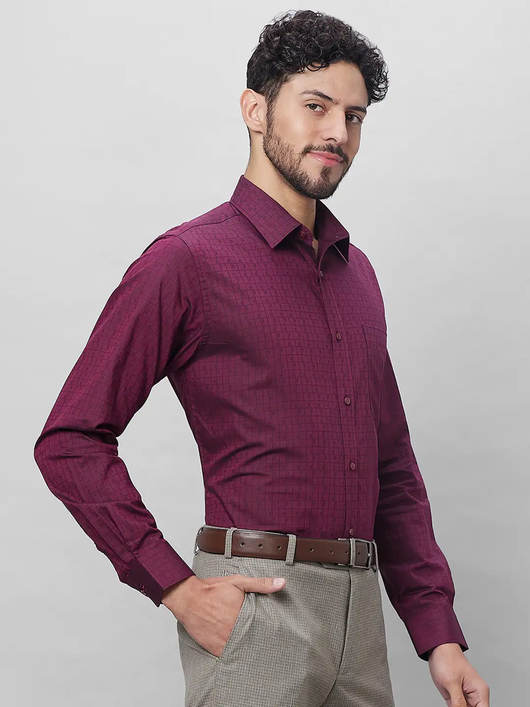Raymond Men Maroon Structure Slim Fit Cotton Shirts - Image 2