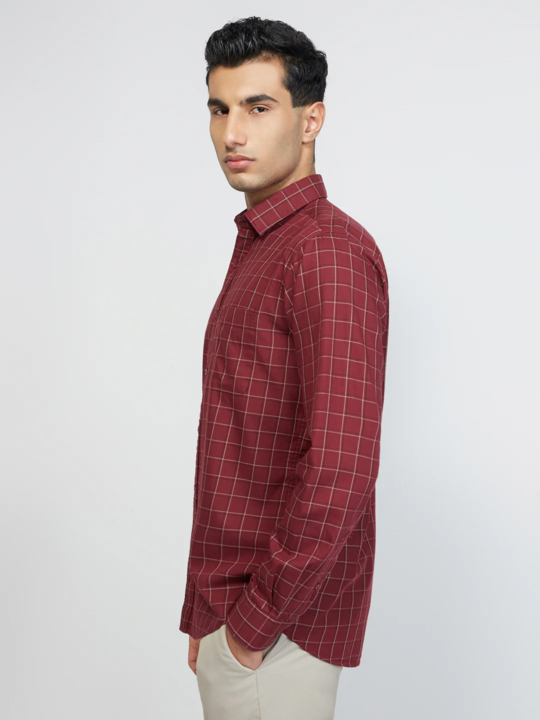Raymond Men Marron Checks Slim Fit Cotton Casual Shirt - Image 3