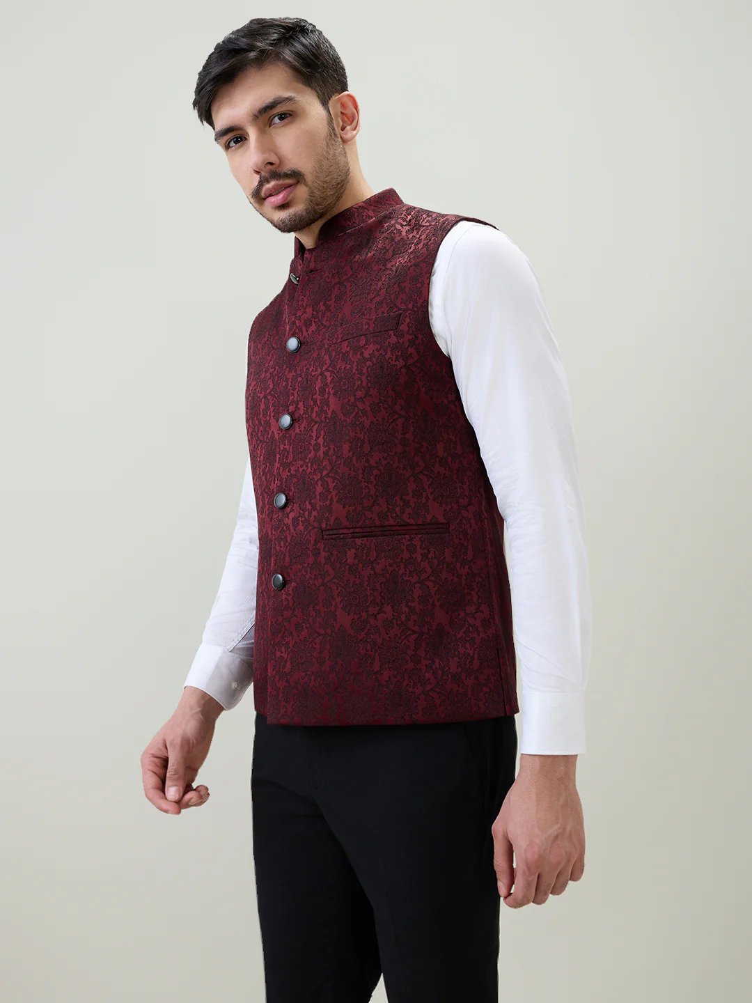 Raymond Men Marron Jacquard Contemporary Fit Polyester Blend Waist Coat - Image 2