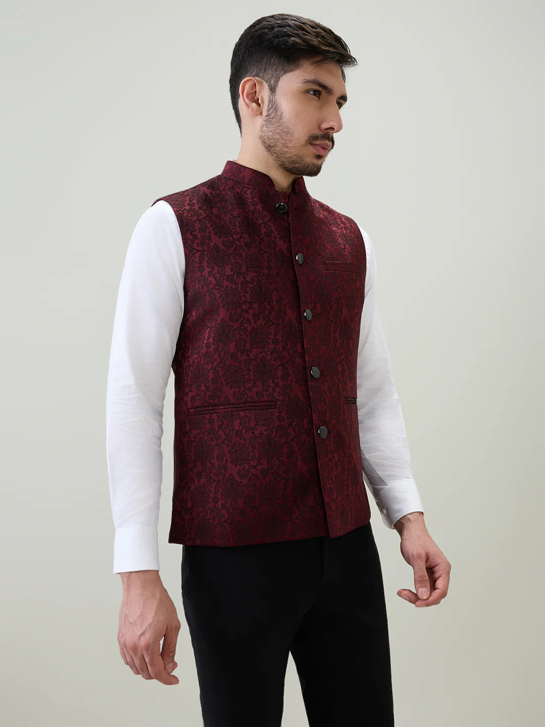Raymond Men Marron Jacquard Contemporary Fit Polyester Blend Waist Coat - Image 3