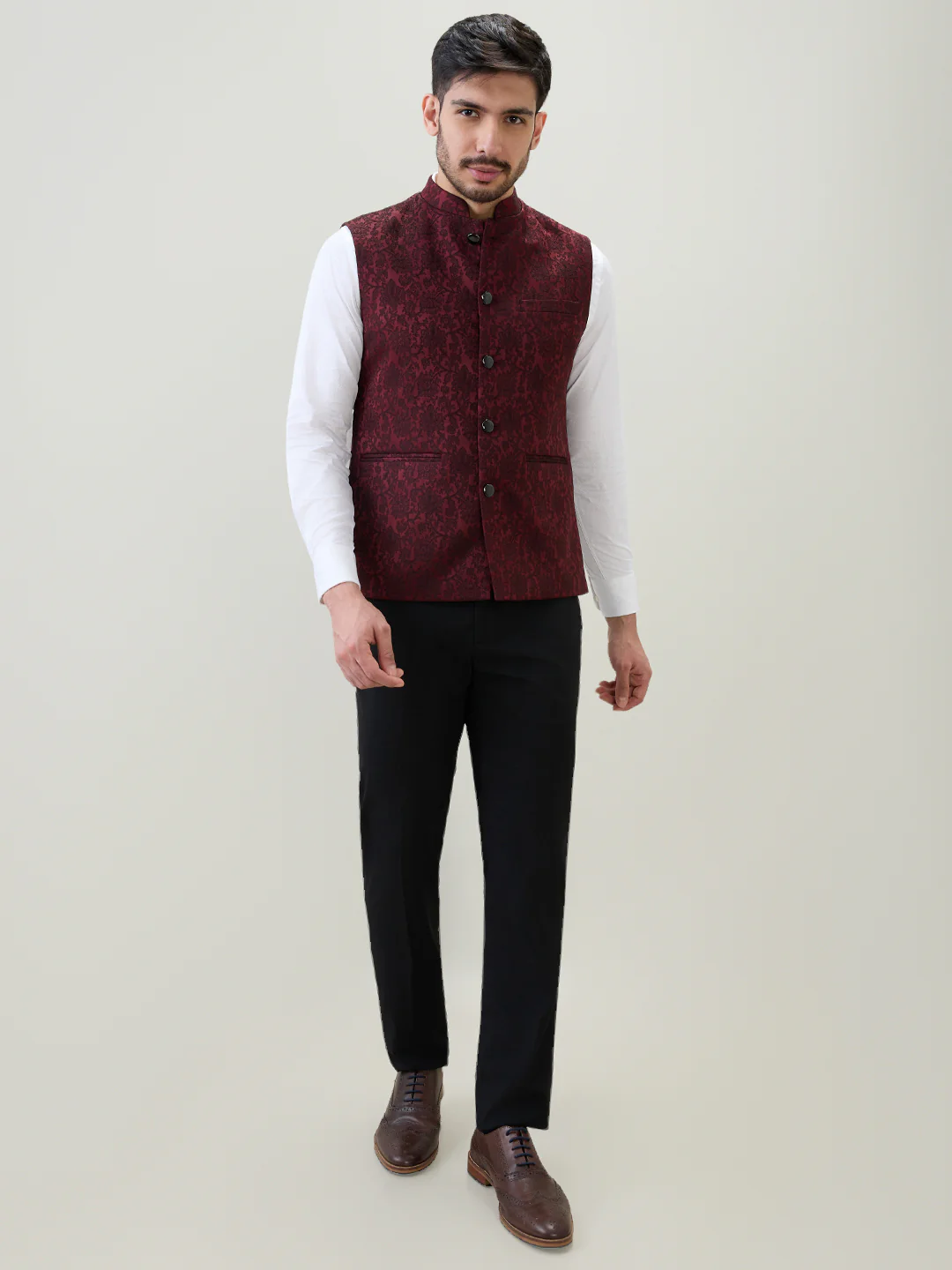 Raymond Men Marron Jacquard Contemporary Fit Polyester Blend Waist Coat - Image 5