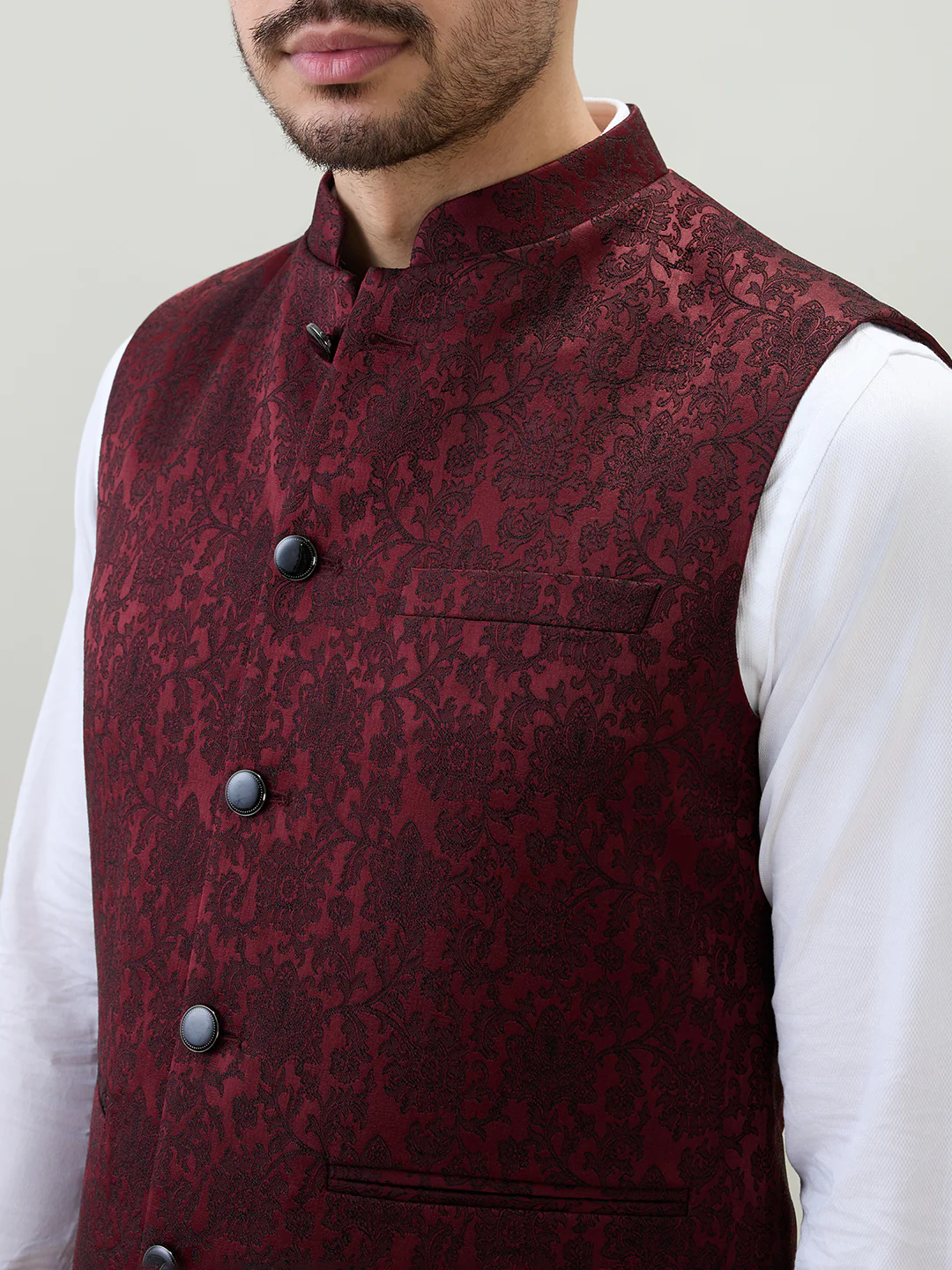 Raymond Men Marron Jacquard Contemporary Fit Polyester Blend Waist Coat - Image 7