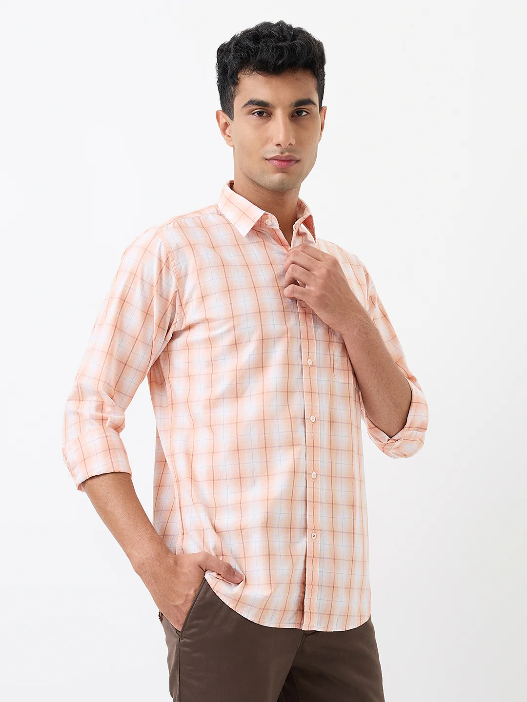 Raymond Men Orange Checks Slim Fit Cotton Casual Shirt - Image 3